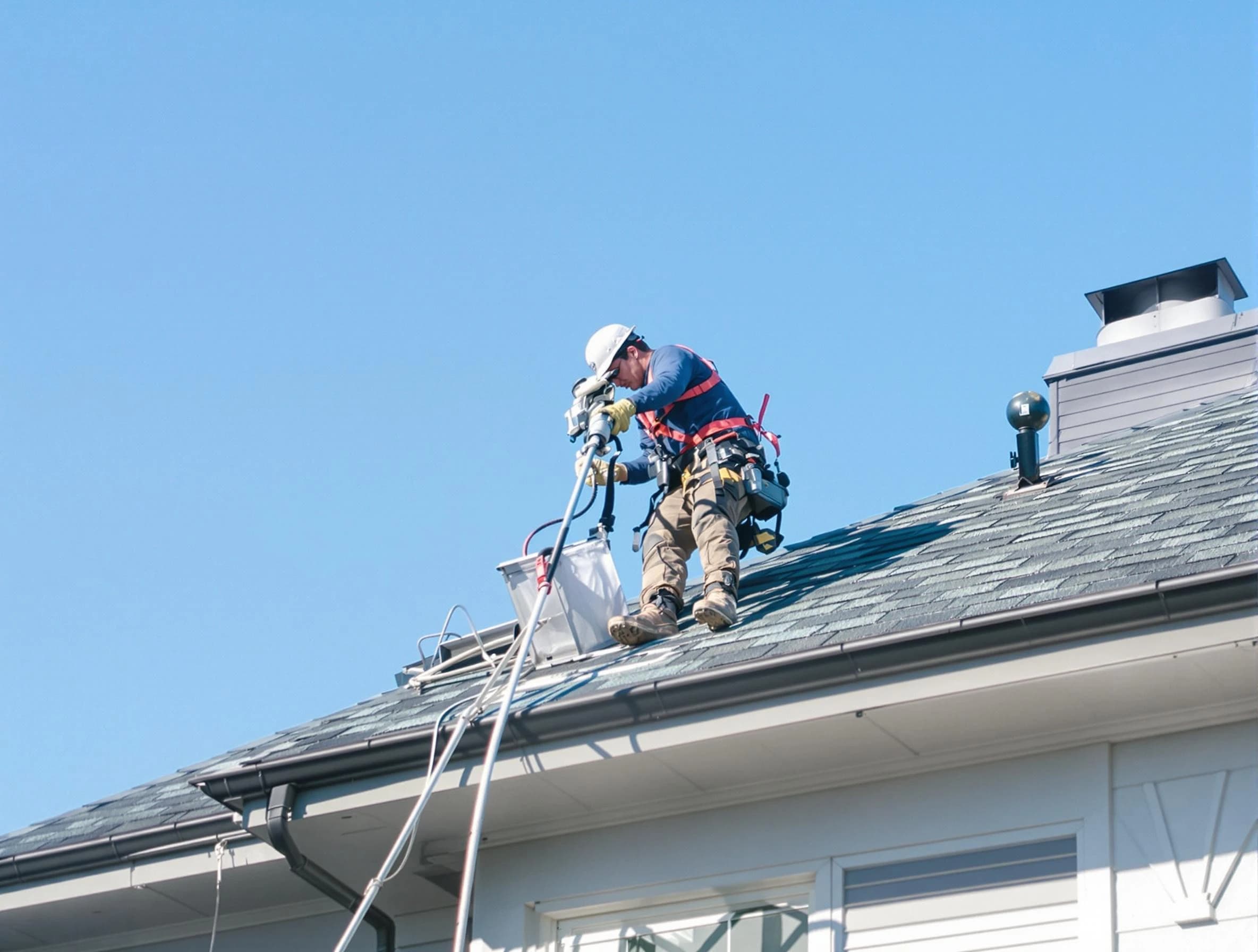 Shawnee Dryer Vent Cleaning certified technician cleaning a roof-mounted dryer vent system in Shawnee