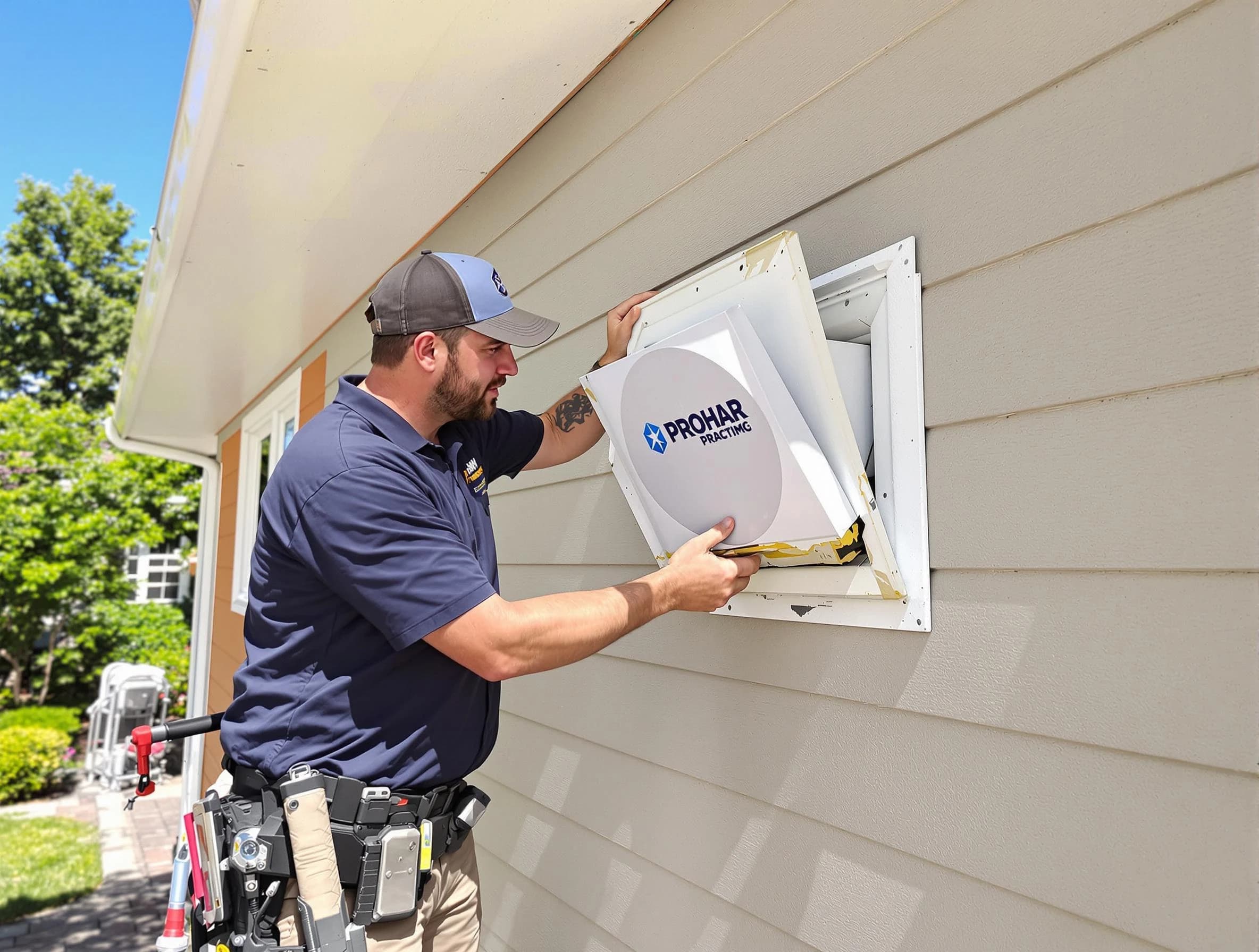 Shawnee Dryer Vent Cleaning technician installing a new protective dryer vent cover on a home in Shawnee