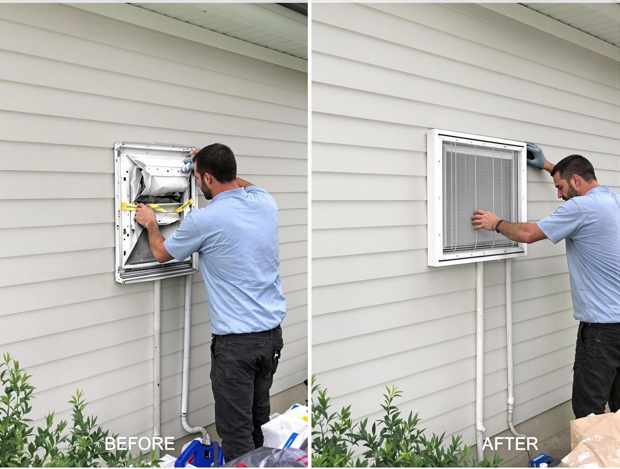 Shawnee Dryer Vent Cleaning technician installing high-quality dryer vent cover at a residential property in Shawnee