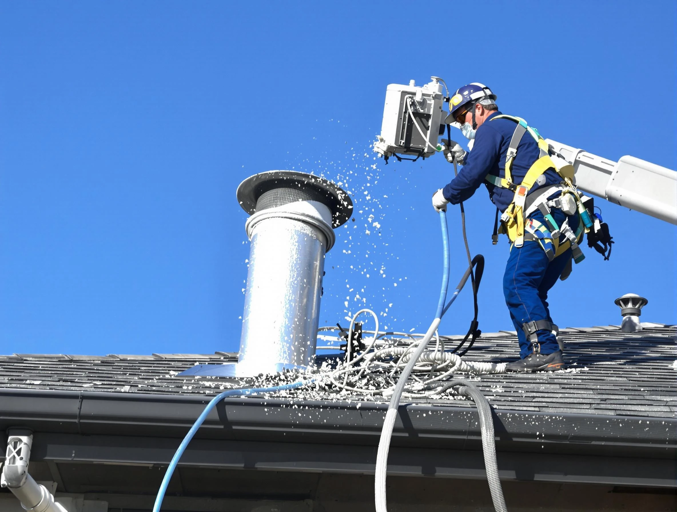 Shawnee Dryer Vent Cleaning certified technician safely cleaning a roof-mounted dryer vent in Shawnee